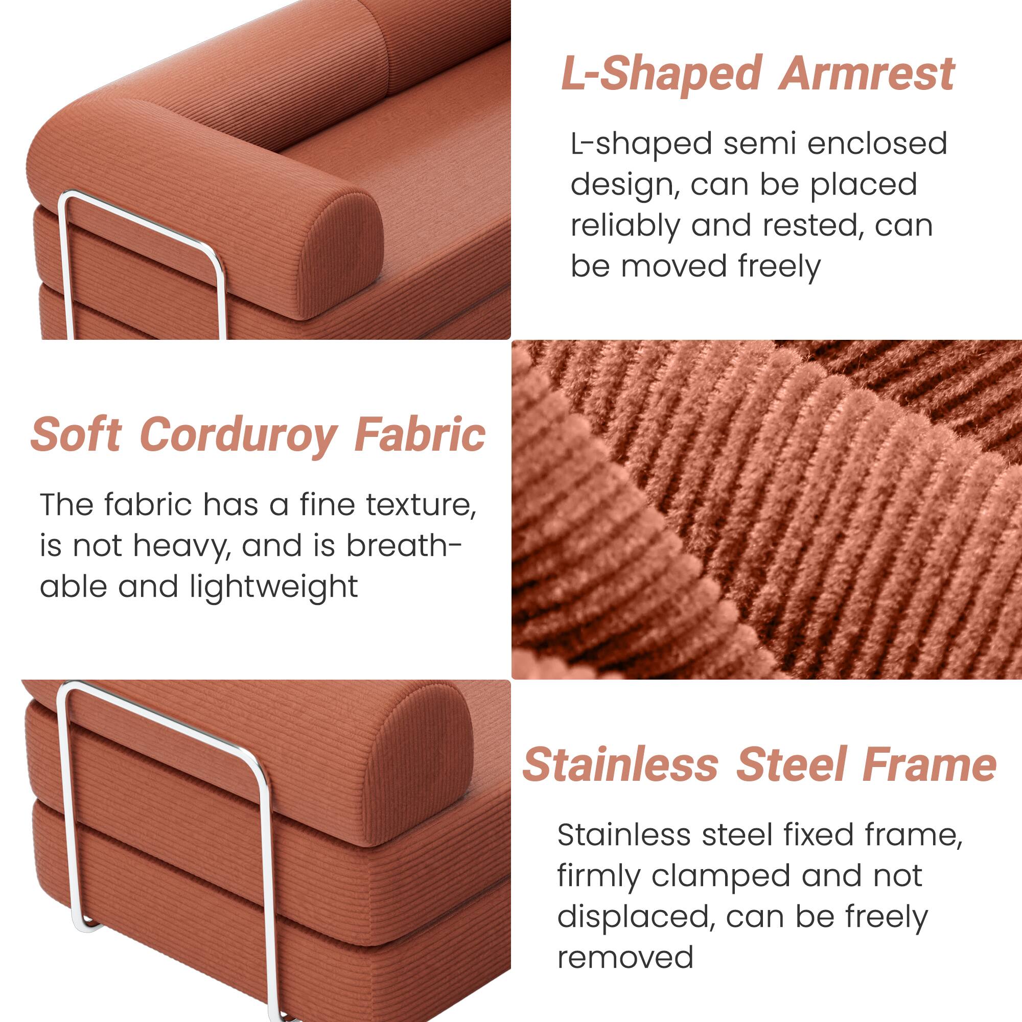 L-Shaped Armrest  
L-shaped semi enclosed design, can be placed reliably and rested, can be moved freely  

Soft Corduroy Fabric  
The fabric has a fine texture, is not heavy, and is breathable and lightweight  

Stainless Steel Frame  
Stainless steel fixed frame, firmly clamped and not displaced, can be freely removed