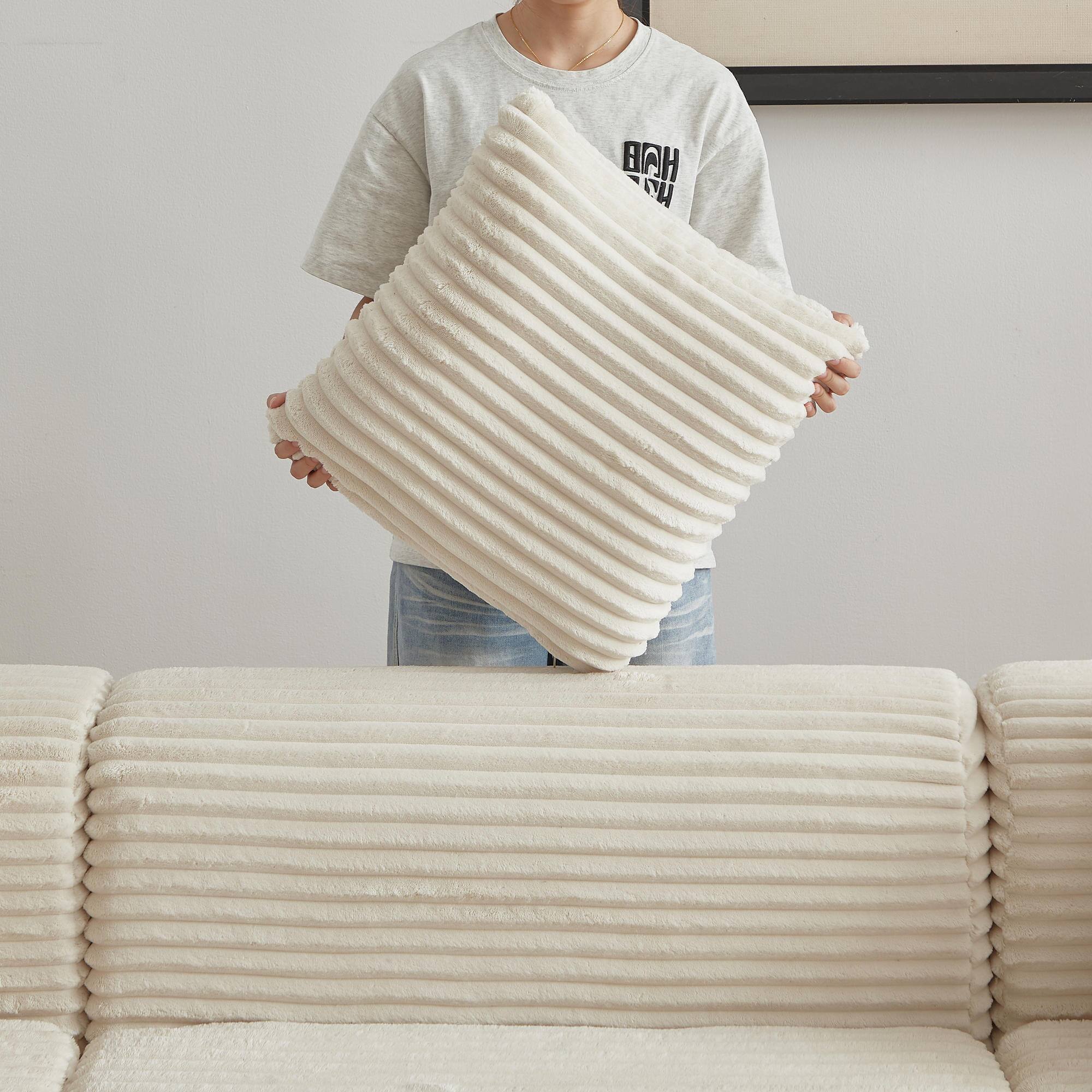 Alt View 7. Meqiodas - Corduroy Modular Sofa Boneless Couch, Featuring an Inlaid Structural Design, Three Throw Pillows, Wider Backrest Design - Beige.