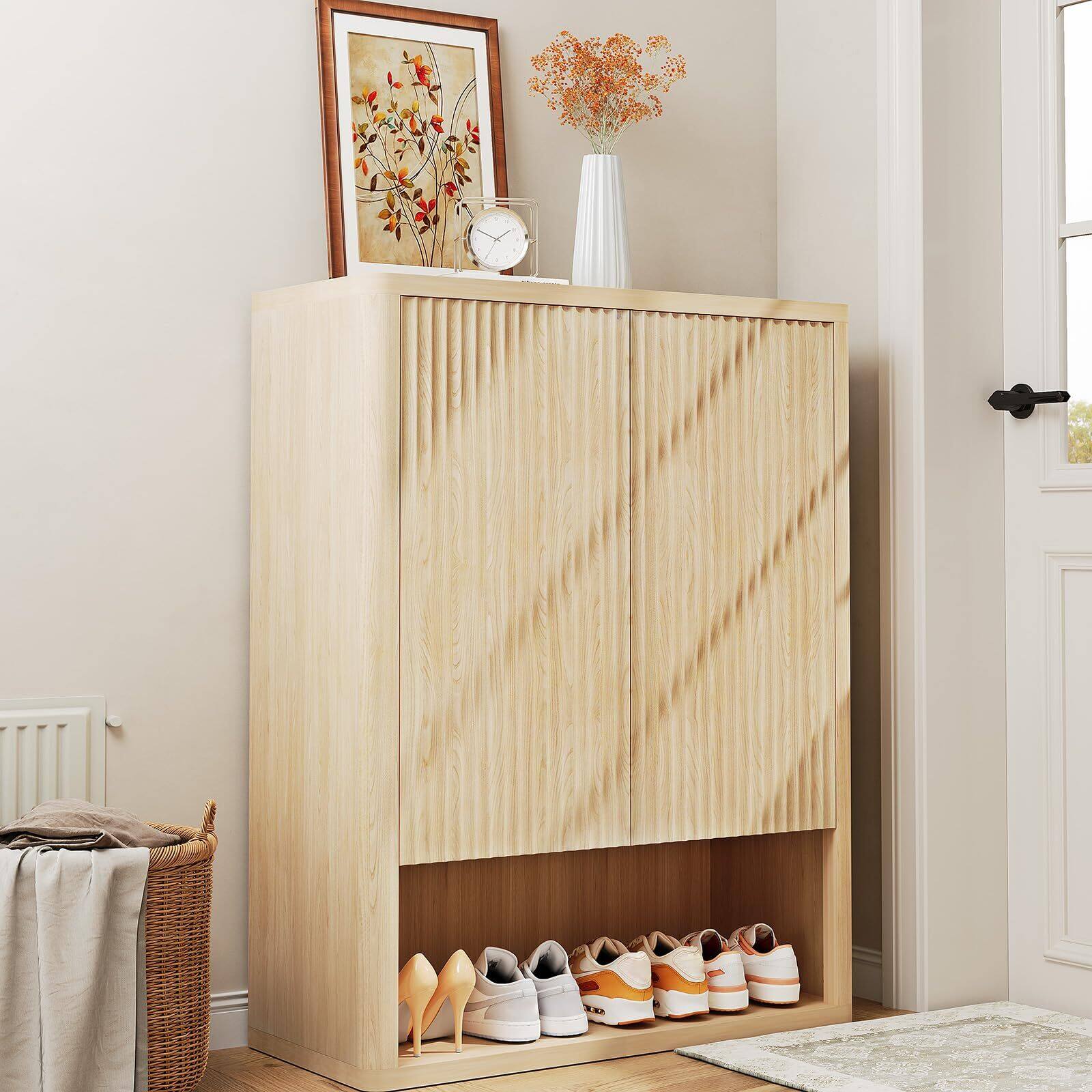 Front. Babevy - 44.5" Tall Free Standing Shoe Storage Organizer with 3 Adjustable Shelves, 1 Open Shelf and 2 Doors - Natural Oak.