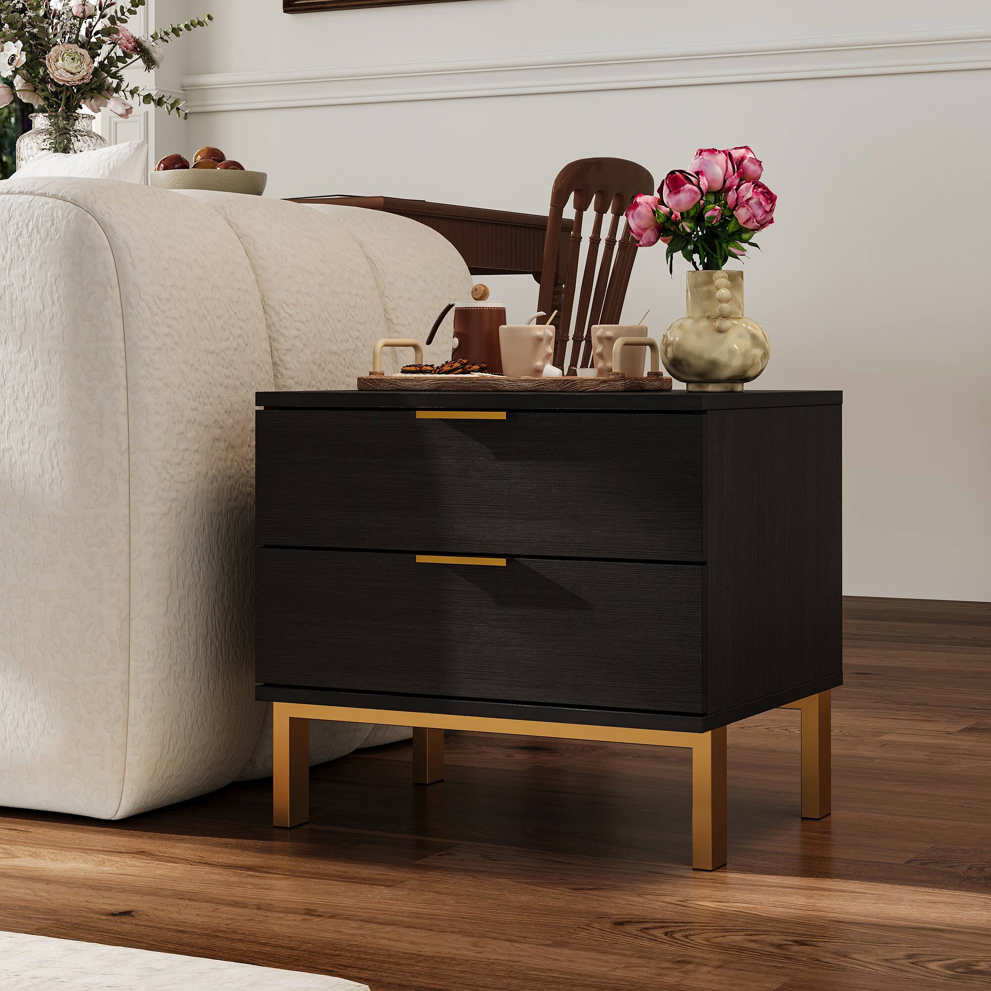 Back. FUFU & GAGA - FUFU&GAGA 2 - Drawer Nightstand with Gold Accents: Stylish Bedside Storage - Black.