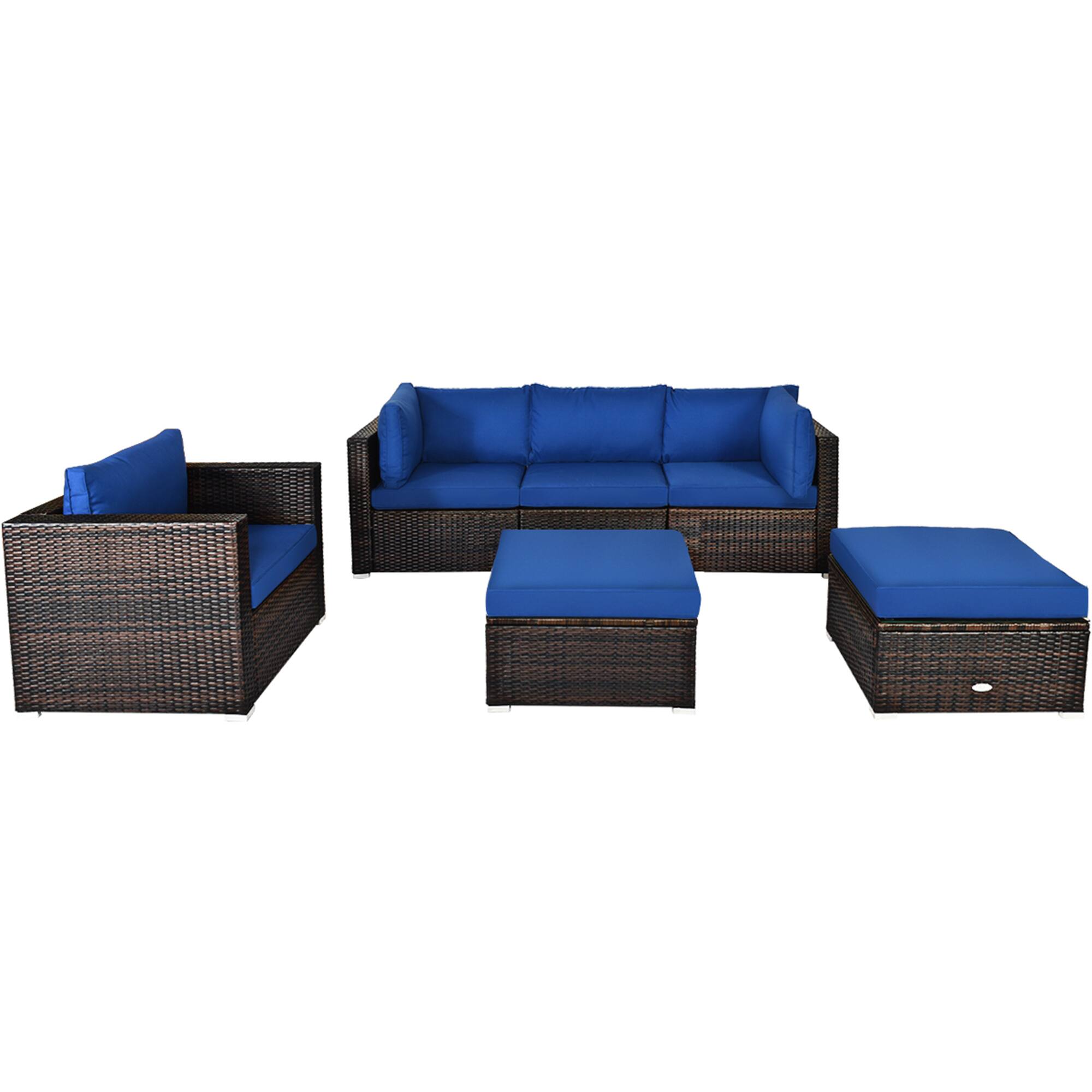Alt View 5. Gymax - Gymax 6PCS Patio Conversation Set Rattan Sectional Furniture Set w/ Navy Cushion - Navy.