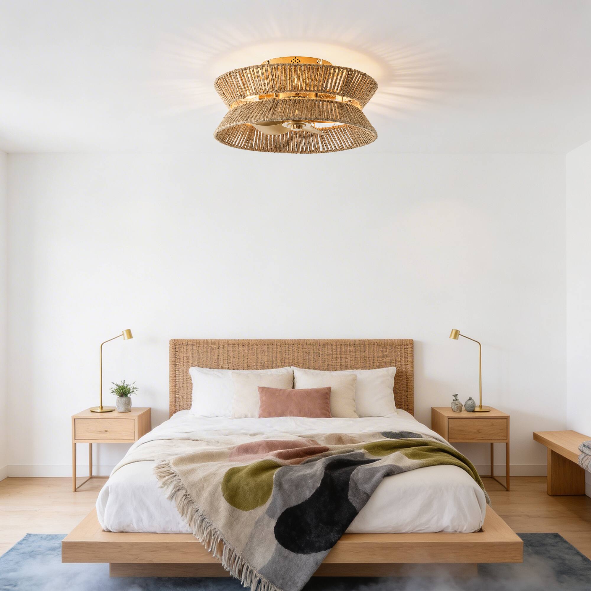 Back. Vaczon - 18" Bohemia Woven Hemp Rope Low-Profile Flush Mount Ceiling Fan Fadenlier with Remote for Bedroom and Living Room - Natural Jute.