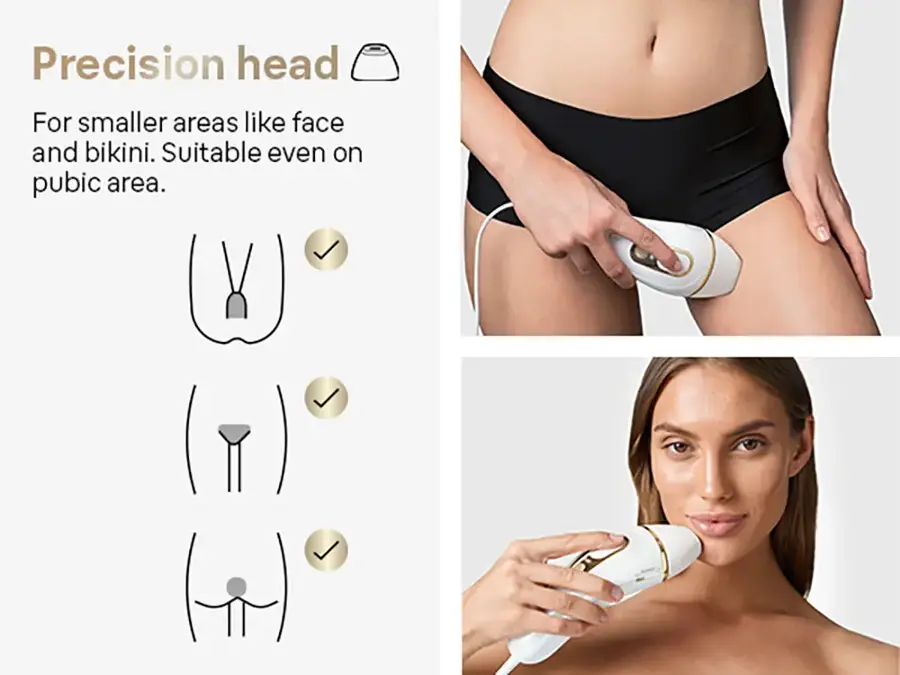 The text on the image reads: "Precision head: For smaller areas like face and bikini. Suitable even on pubic area."