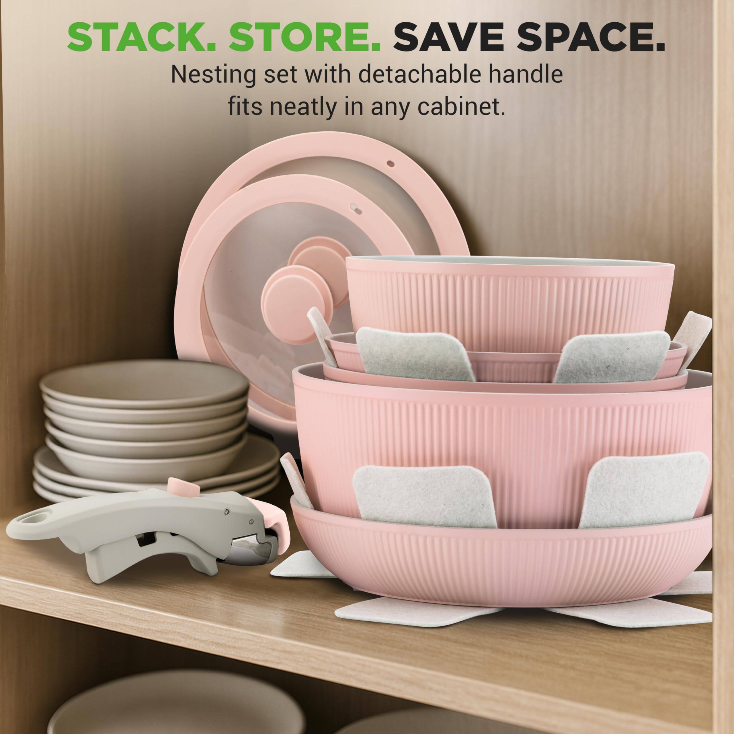 STACK. STORE. SAVE SPACE.  
Nesting set with detachable handle fits neatly in any cabinet.