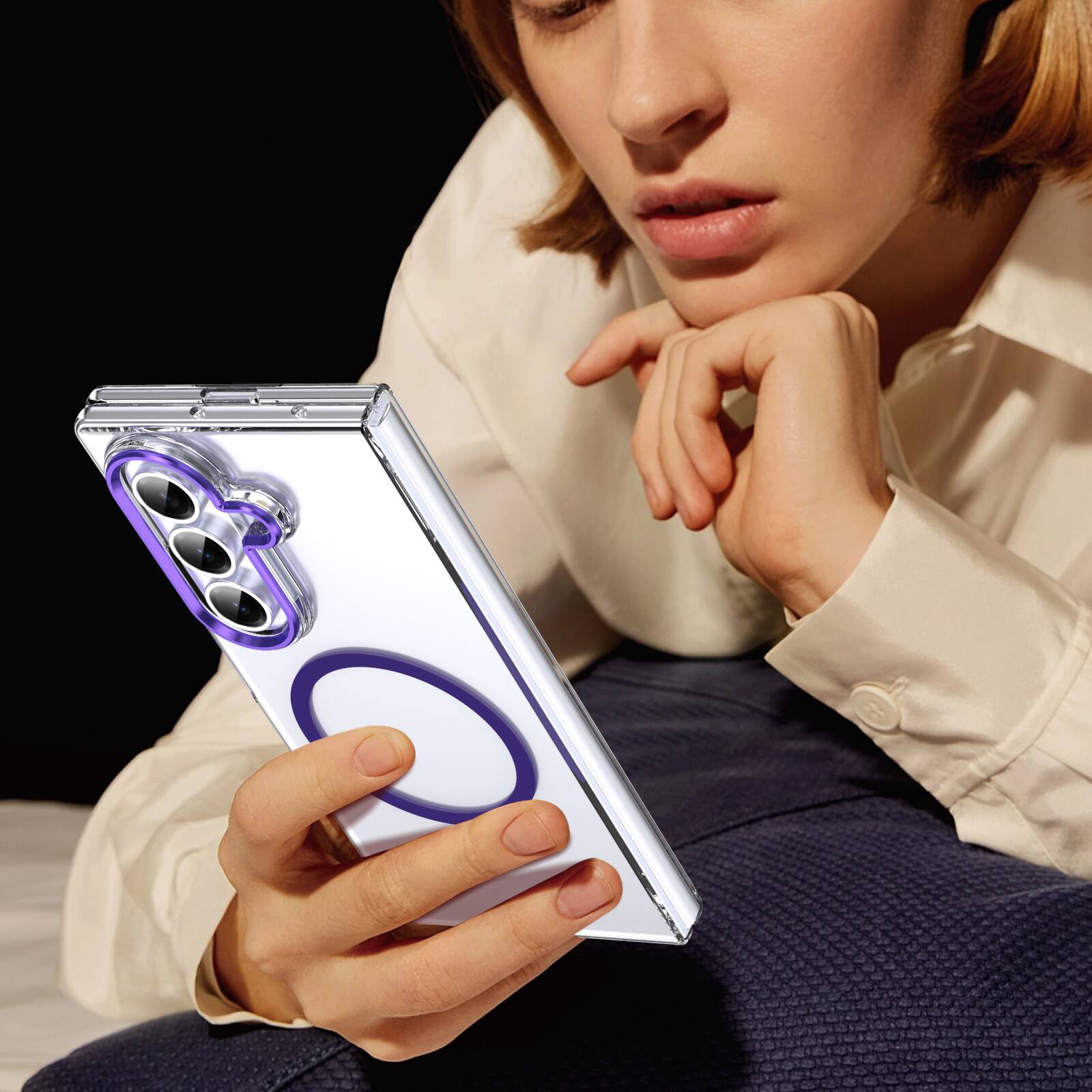 Left. Dteck - Clear Shockproof Phone Case for Samsung Galaxy Z Fold7 Built-in Screen Protector, HD Transparent Hard PC Magnetic Cover - Purple.