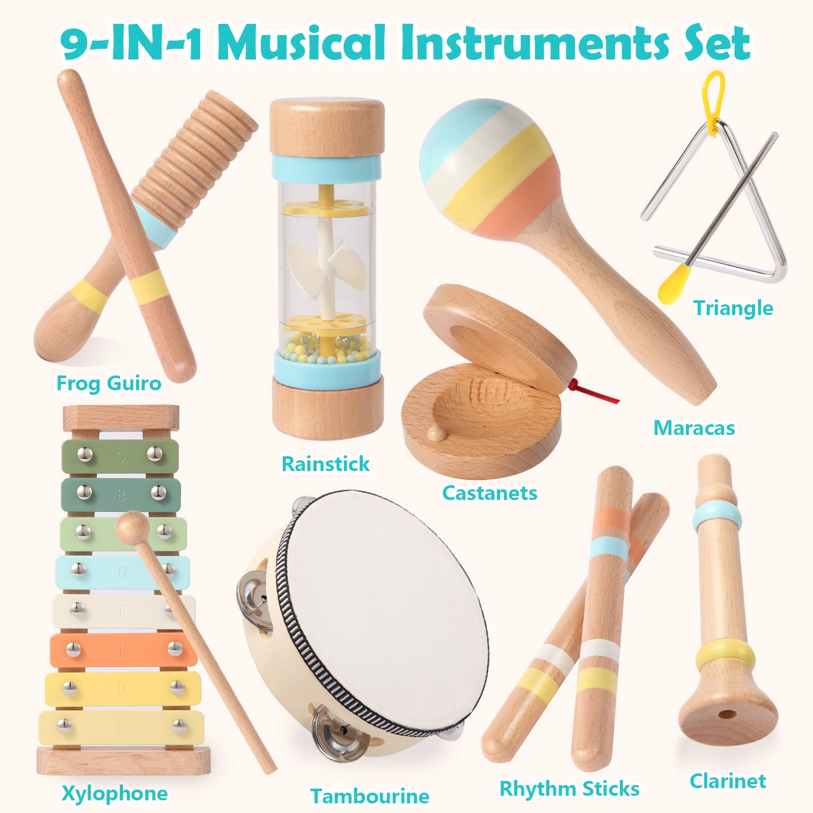 9-IN-1 Musical Instruments Set

- Frog Guiro
- Rainstick
- Maracas
- Triangle
- Xylophone
- Tambourine
- Castanets
- Rhythm Sticks
- Clarinet
