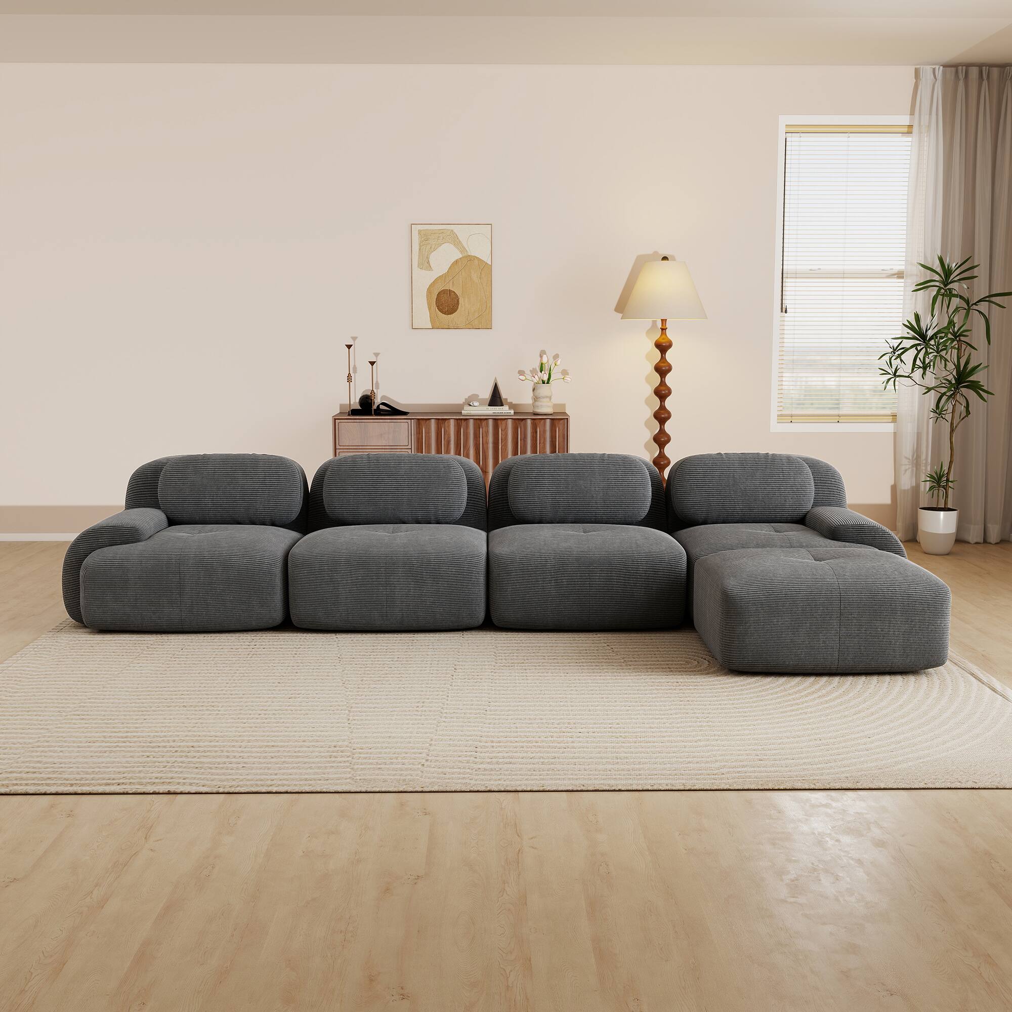 Angle. Aukfa - 4 Seats + Ottoman Modular Corduroy Sectional Sofa - Ergonomic Support, Pet Friendly, Easy Assembly, Non-Slip Base - Gray.