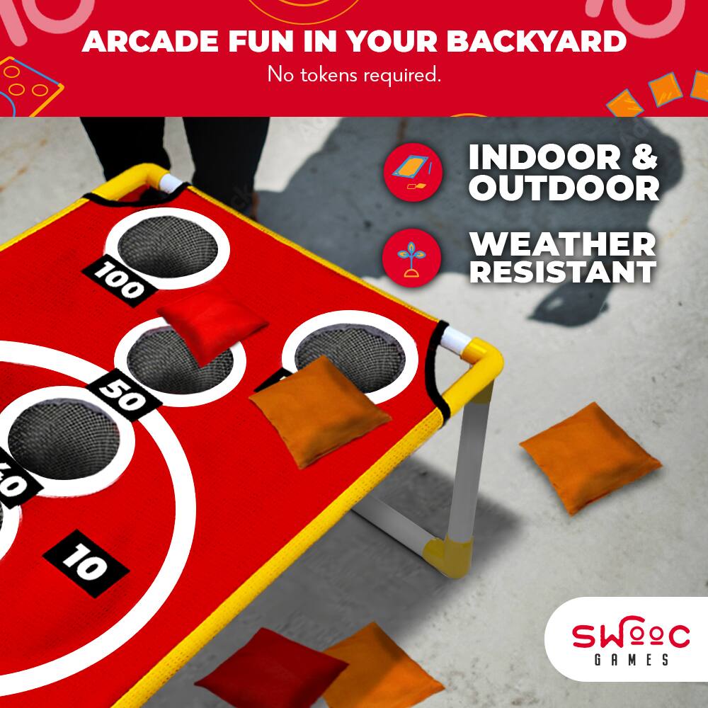 ARCADE FUN IN YOUR BACKYARD  
No tokens required.  

INDOOR & OUTDOOR  
WEATHER RESISTANT  

100  
50  
30  
10  

SWOOC GAMES