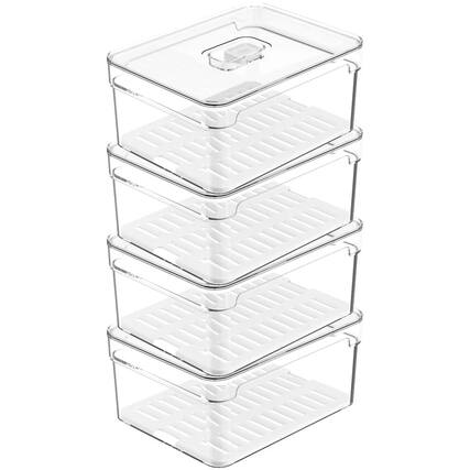 Front. OU - OU Fridge Organizer Bins with Vented Lid, Clear Stackable Refrigerator Container, BPA Free, 4 Pack - Clear.