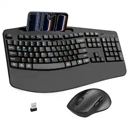 PRIMEPLUS - Wireless Keyboard & Mouse Combo, 2.4G Ergonomic Full Size Wave Keys with Wrist Rest & Phone Holder, 3-DPI Silent Mouse - Black