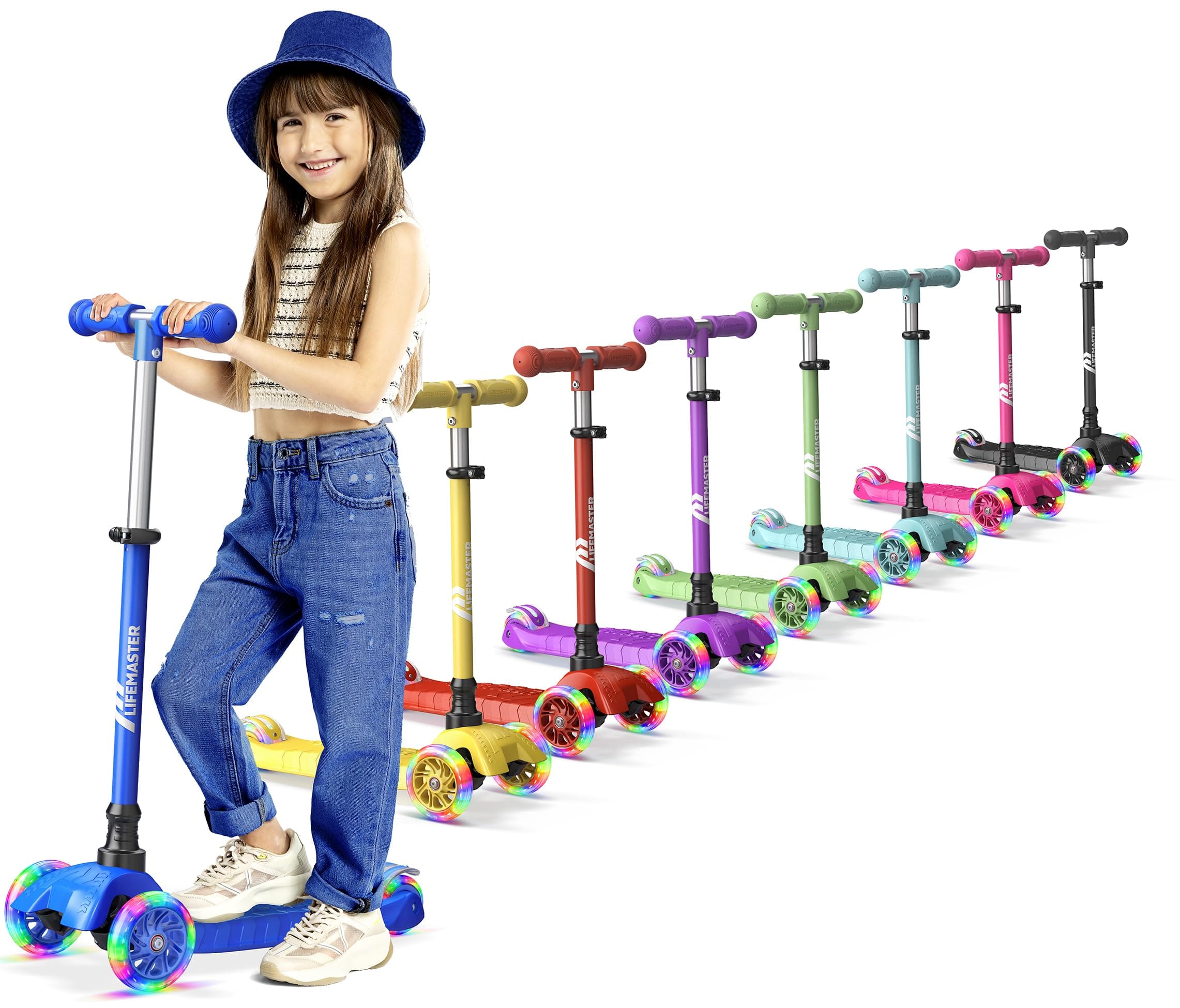 Bakken- Swiss - Lifemaster Kids 3-Wheel Scooter – LED Light-Up Wheels, Adjustable Handlebar, Indoor/Outdoor Use - Blue
