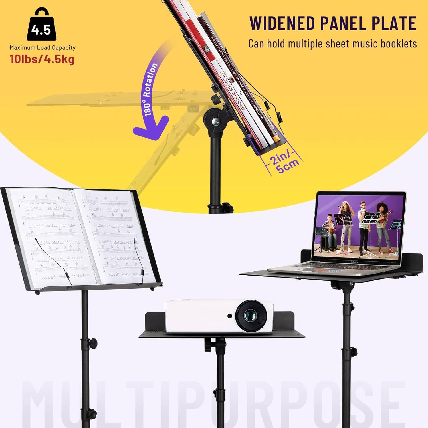 4.5 Maximum Load Capacity 10lbs/4.5kg  
180° Rotation  
WIDENED PANEL PLATE  
Can hold multiple sheet music booklets  
2in/5cm  
MULTIPURPOSE