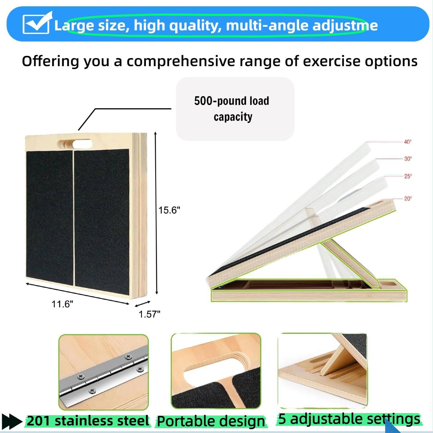 Large size, high quality, multi-angle adjustment

Offering you a comprehensive range of exercise options

500-pound load capacity

15.6" x 11.6" x 1.57"

201 stainless steel

Portable design

5 adjustable settings