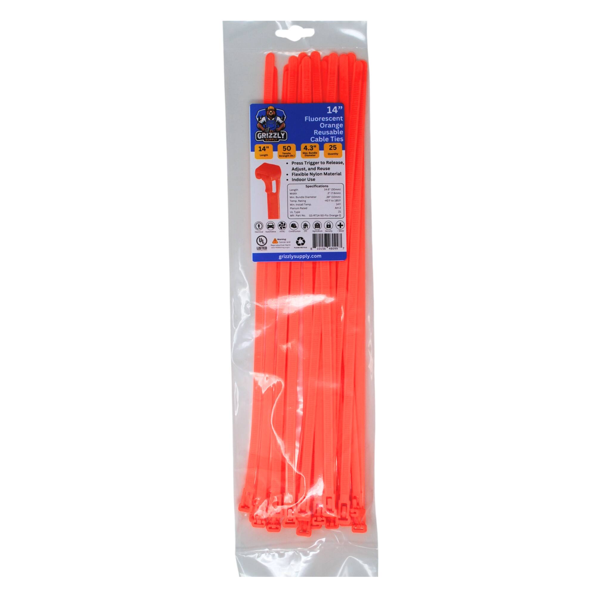 14" Fluorescent Orange Reusable GRIZZLY Ties 14" 50 4.3" 25 - Free Trigger to Release, Fits Trigger to Release, Fits Door Use - Reusable Nylon Material - Grizzly Supply