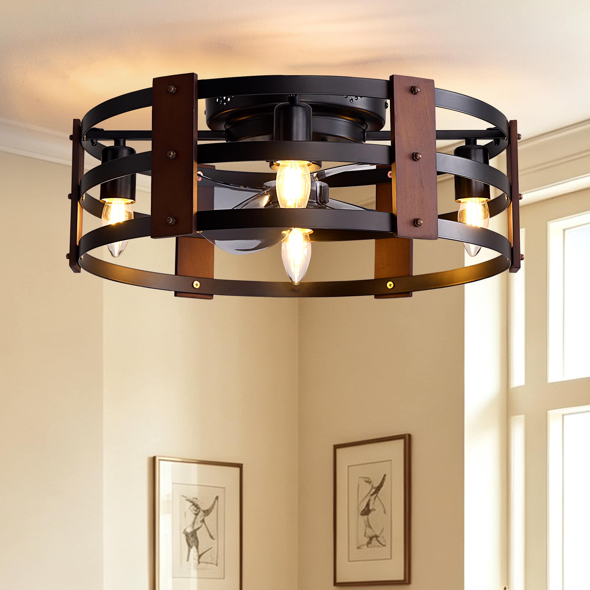 Siljoy - 20 Inch Black Ribbed Flush Mount Ceiling Fan Light Modern Minimalist Bladeless Fan Chandelier for Bedroom Living Room - Brown