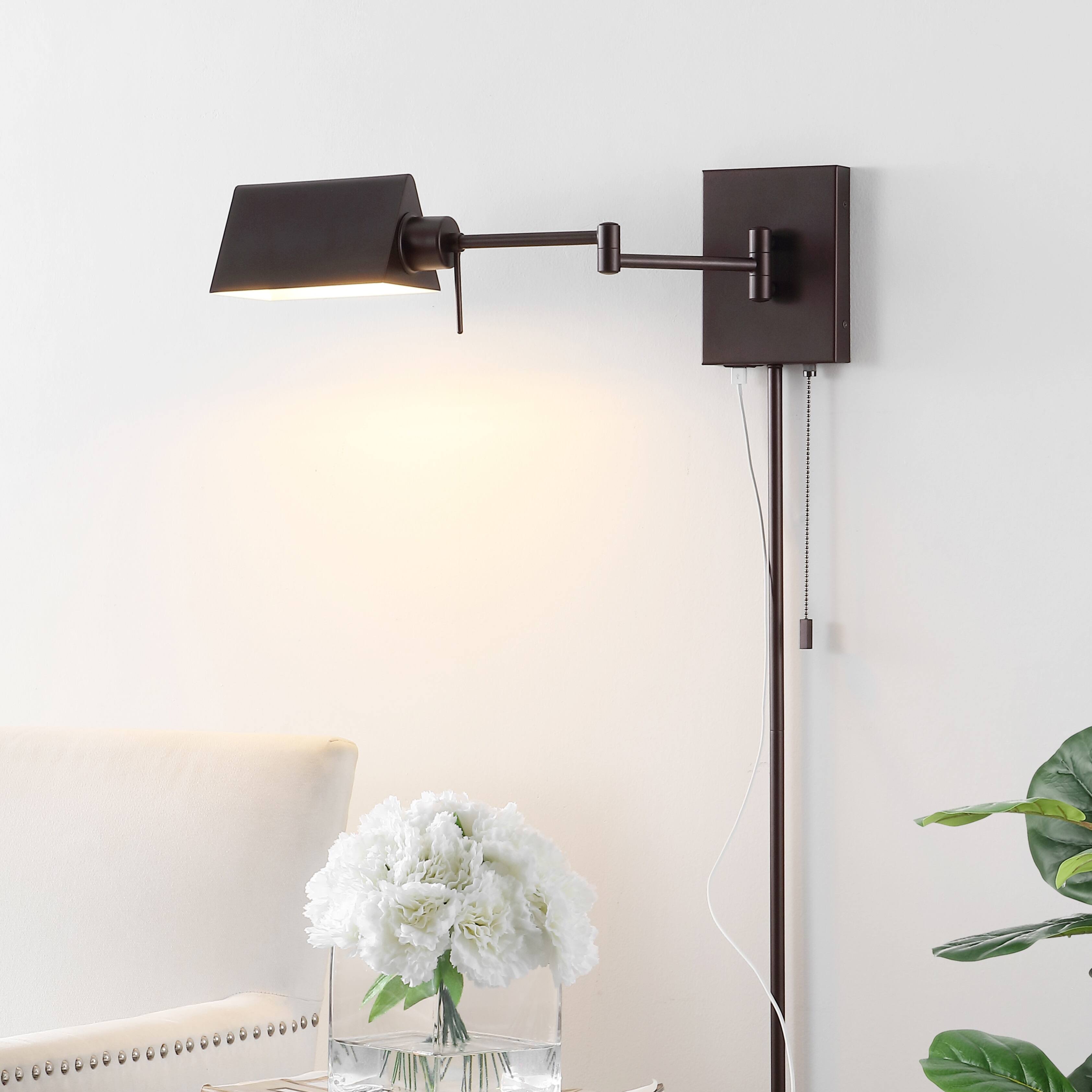 Alt View 1. Jonathan Y - Arlo 22" Single Swing Arm Plug-In or Hardwired Iron LED Wall Sconce with Pull-Chain USB Charging Port, Oil Rubbed Bronze - Oil Rubbed Bronze.