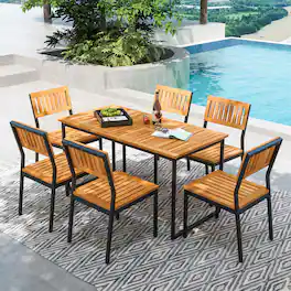 Gymax - 7 PCS Outdoor Dining Set for 6 Acacia Wood Rectangular Table & 6 Armless Chairs - Natural, Black