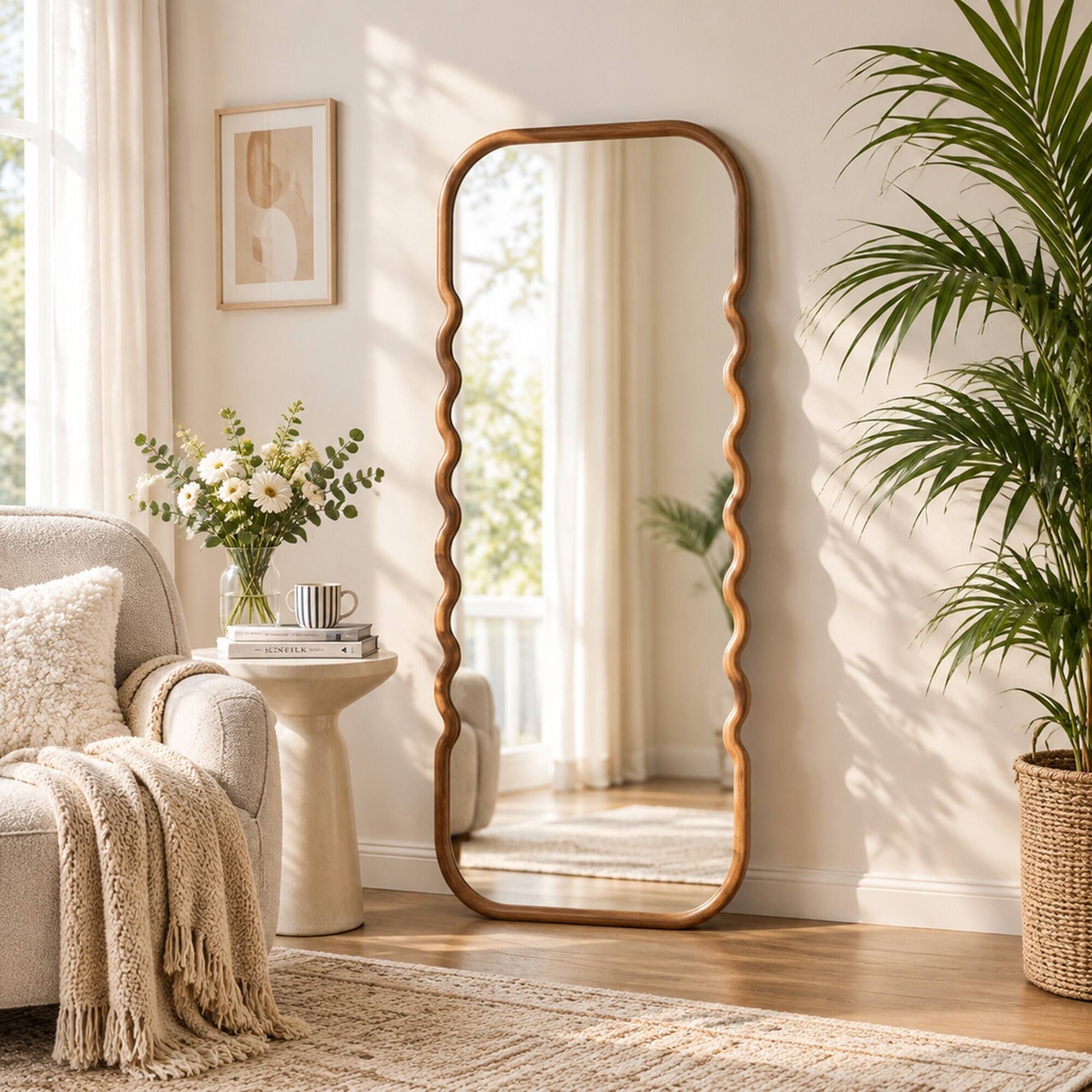 Alt View 1. RYHNUYNE - Oversized Full-Length Floor Mirror, 74 in Tall, Pine Wood Frame, Curved Dark Brown Design, Wall or Floor Display - Brown.