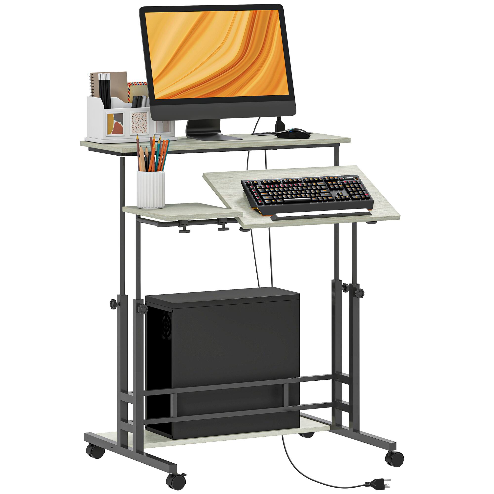 Homcom - Standing Desk with Power Outlets, Stand Up Desk with Tiltable Tabletop, Wheels, Shelf - Oak