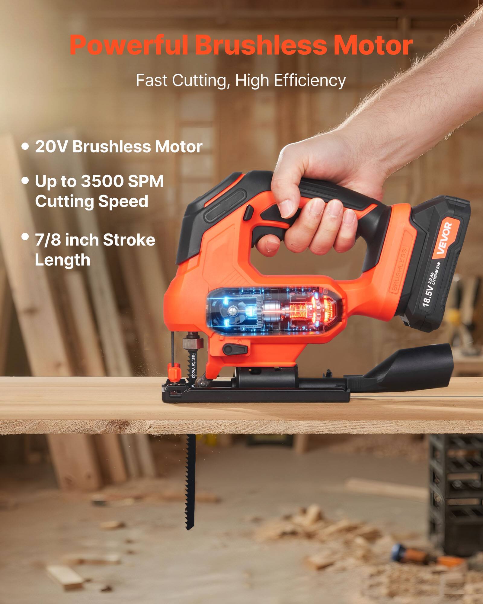 Powerful Brushless Motor  
Fast Cutting, High Efficiency  

- 20V Brushless Motor  
- Up to 3500 SPM Cutting Speed  
- 7/8 inch Stroke Length  

ESS BRUSHI BR VEVOR OM 2AP UTHUMN 18.5V I FastforWodd 2 Wodd