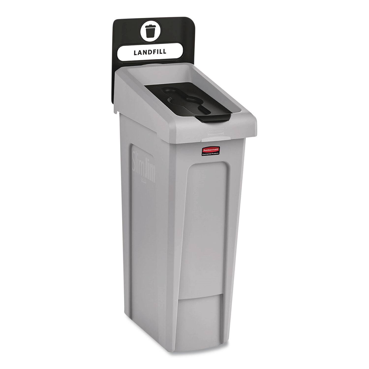 Angle. RubberMaid - Slim Jim Recycling Station Kit, 1-Stream Landfill, 23 gal, Plastic, Gray/Black.