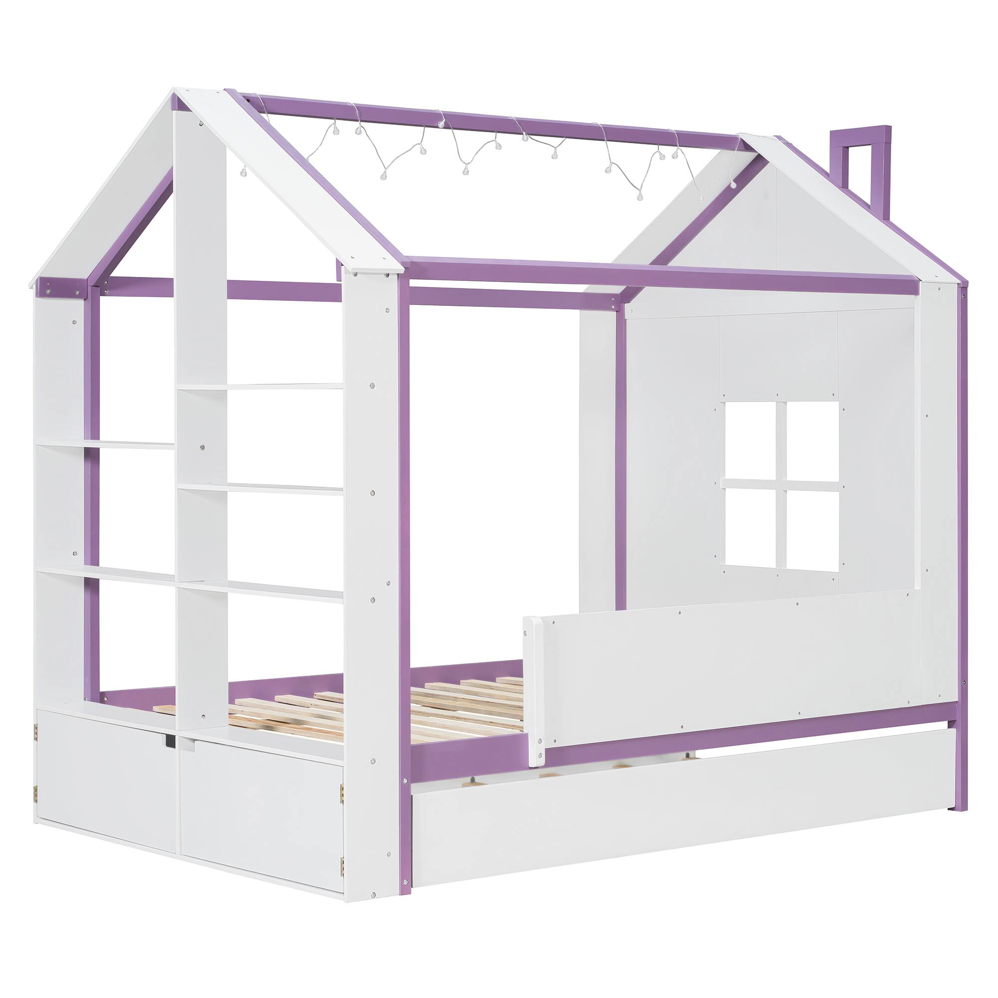 Back. Anysun - Full Size House Bed Frame with Pull-Out Trundle, Tail End Storage Shelves and Cool White LED Lights - Purple.