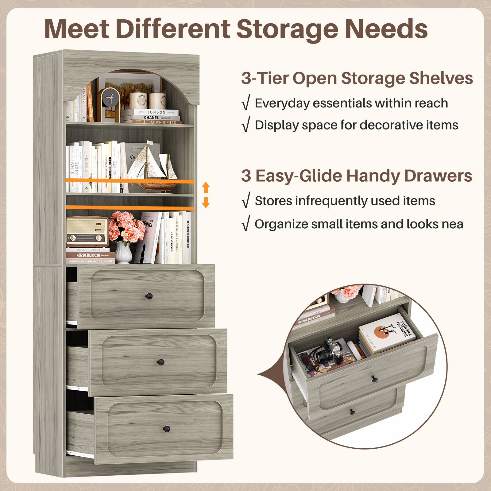 Meet Different Storage Needs

LONDON CHANEL ERL 3-Tier Open Storage Shelves
- Everyday essentials within reach
- Display space for decorative items

3 Easy-Glide Handy Drawers
- Stores infrequently used items
- Organize small items and looks neat