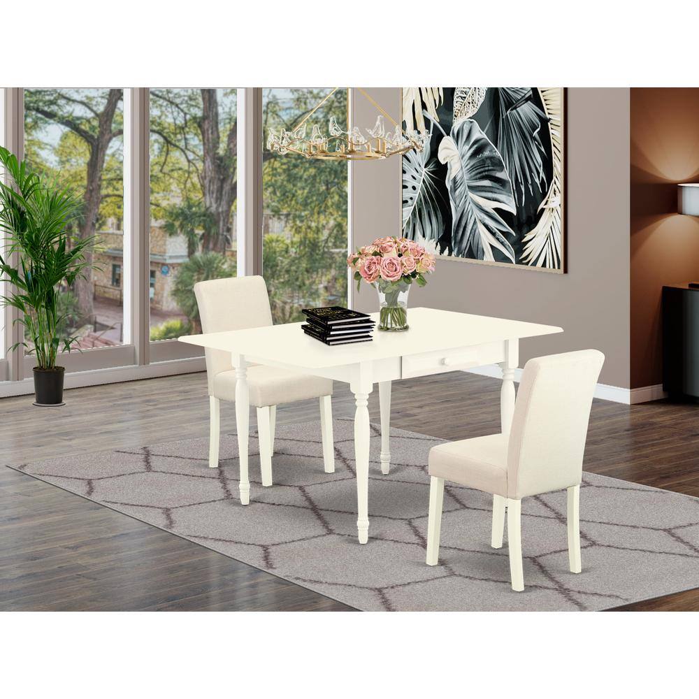 Alt View 3. East West Furniture - 1MZAB3-LWH-02 3Pc Dining Room Table Set Consists of a Wood Dining Table and 2 Upholstered Dining Chairs with Light - Linen White.