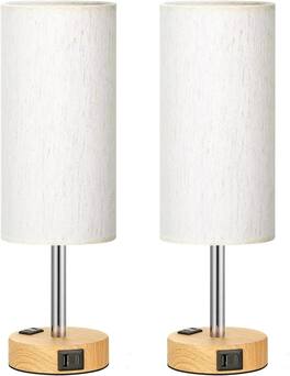 Luckbyte - Set of 2 Dimmable Touch Table Lamps with USB C USB A AC Charging Ports Wood Base LED Bulbs Included - White