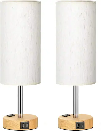 Front. Luckbyte - Set of 2 Dimmable Touch Table Lamps with USB C USB A AC Charging Ports Wood Base LED Bulbs Included - White.