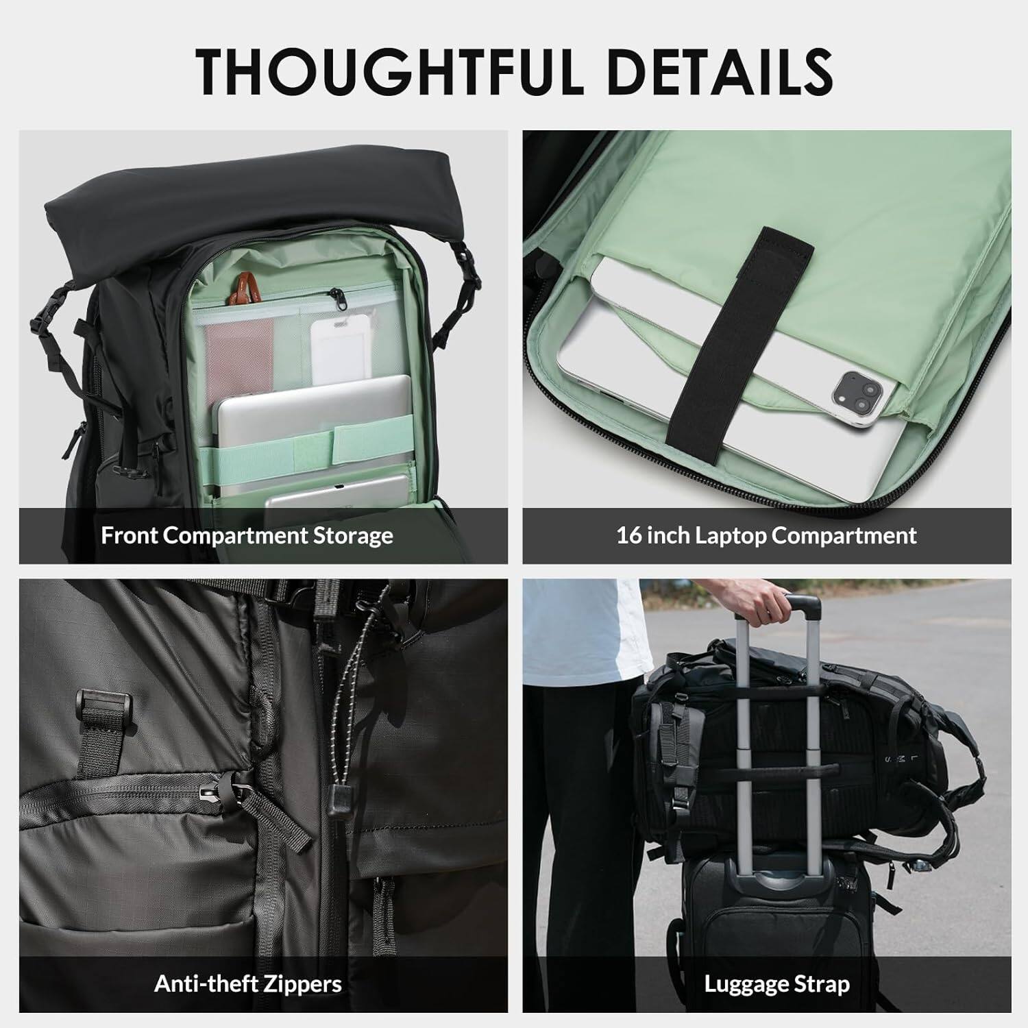 THOUGHTFUL DETAILS

- Front Compartment Storage
- 16 inch Laptop Compartment
- Anti-theft Zippers
- Luggage Strap