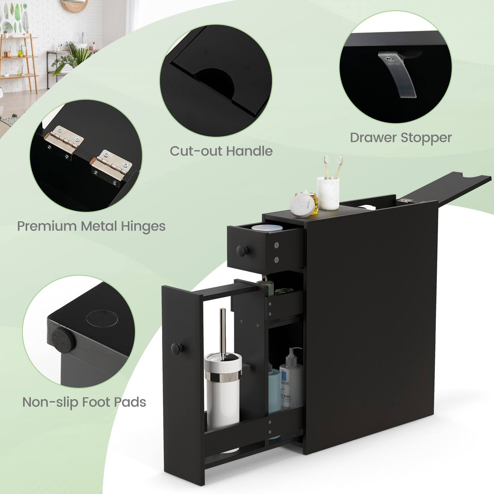 - Cut-out Handle
- Drawer Stopper
- Premium Metal Hinges
- Non-slip Foot Pads