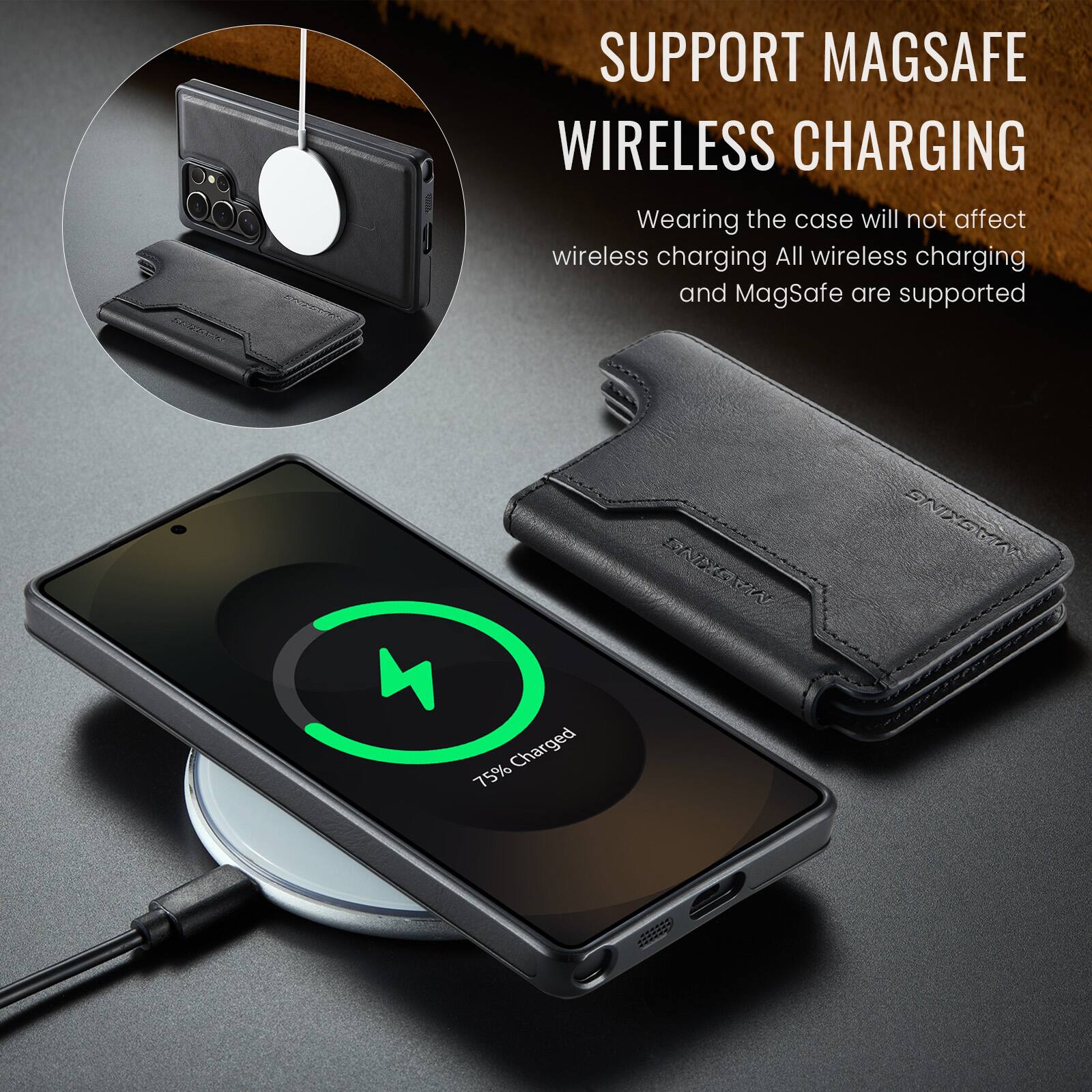 SUPPORT MAGSAFE WIRELESS CHARGING  
Wearing the case will not affect wireless charging. All wireless charging and MagSafe are supported.  
Charged 75%