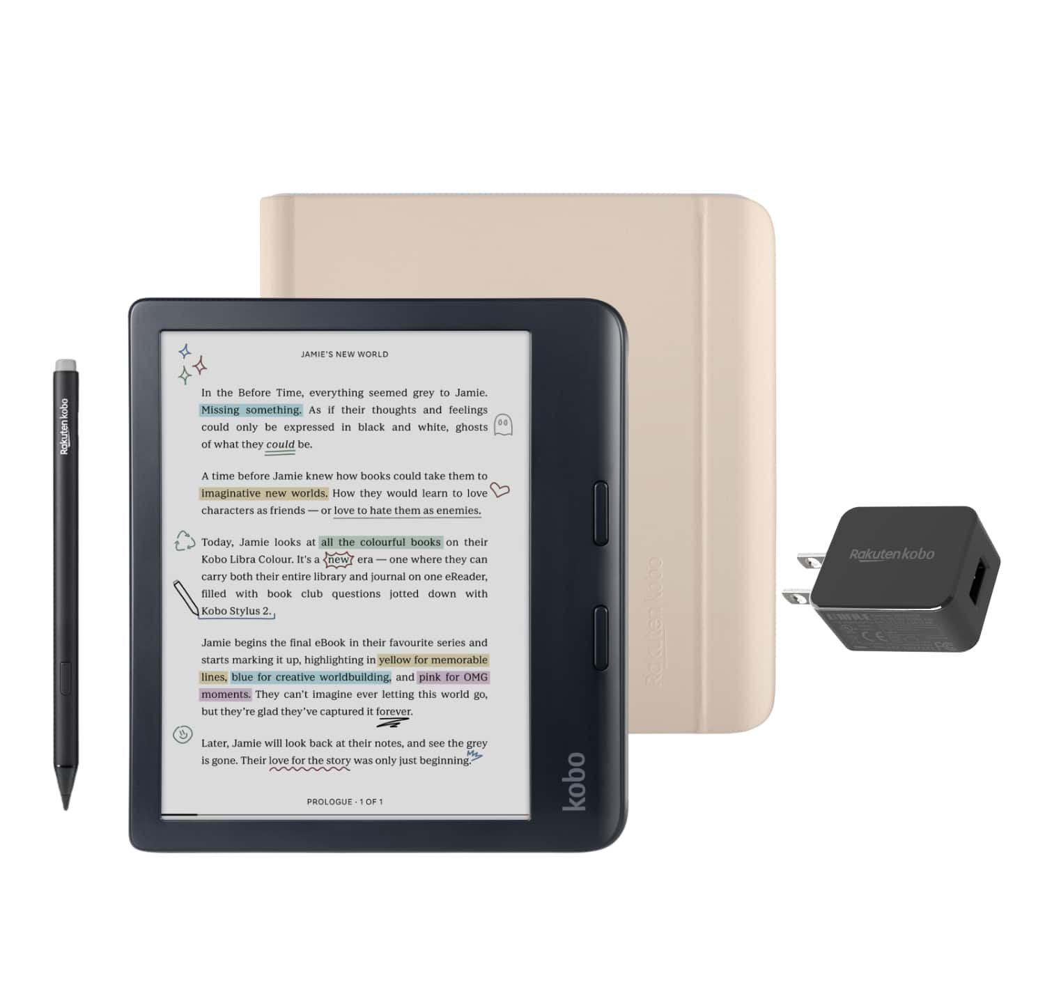 Kobo - Libra Colour eReader (Black) with Stylus 2Gen and AC Bundle - 2024 - Sand Beige Notebook SleepCover