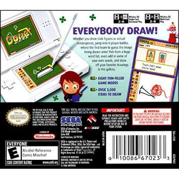 Sure, here is the corrected and grouped text from the image:

---

**EVERYBODY DRAW!**

Whether you draw stick figures or virtual masterpieces, jump into 8-player battles where the first team to guess the image being drawn wins! Pick from a huge word list, even add in some of your own words, and show off your favorite drawings.

**EIGHT FUN-FILLED GAME MODES**

**OVER 3,000 ITEMS TO DRAW**

---

**IMPORTANT**

Read the instruction manual and the warning label before setup or use.

---

**WARNING**

CHOKING HAZARD - Small parts. Not for children under 3 years.

---

**Nintendo**

**SEGA**

**Nintendo of America Inc.**

**SEGA of America, Inc.**

**Nintendo of Europe GmbH**

**SEGA Europe Ltd.**

**Nintendo of Canada Ltd.**

**SEGA of Canada Ltd.**

**Nintendo of Australia Pty. Ltd.**

**SEGA of Australia Pty. Ltd.**

**Nintendo of New Zealand Ltd.**

**SEGA of New Zealand Ltd.**

**Nintendo of Mexico S.A. de C.V.**

**SEGA of Mexico S.A. de C.V.**

**Nintendo of Latin America S.A. de C