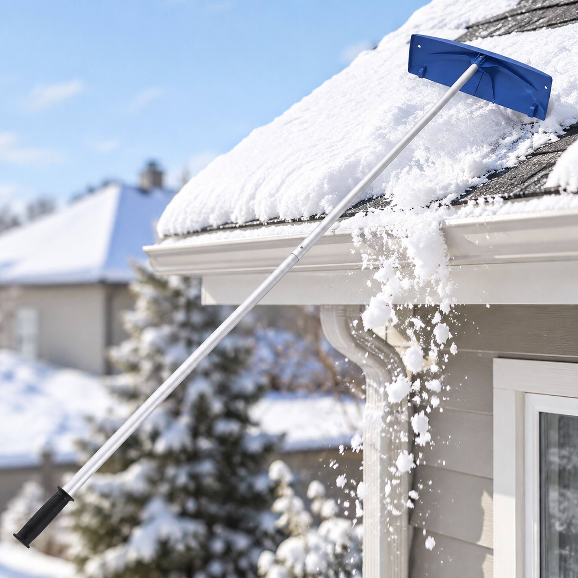 Back. RYHNUYNE - Snow Roof Rake, 24 in PP Plastic Blade, 3.8-18.2 ft Adjustable Handle, Rolling Wheels, Anti-Slip Grip - Navy+Silver.
