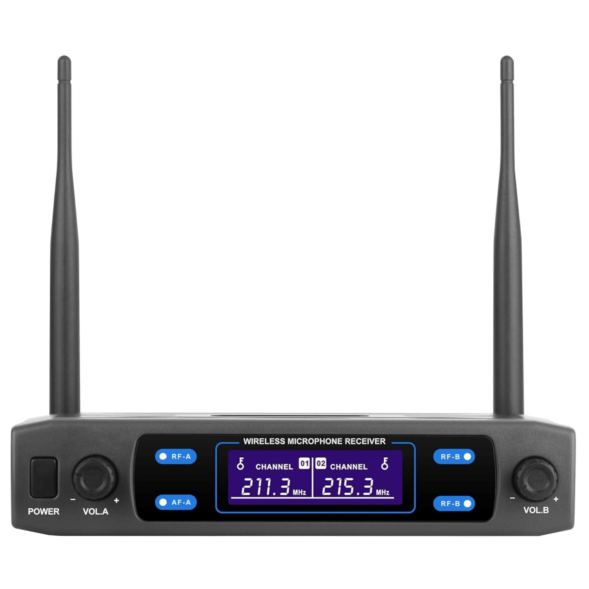 WIRELESS MICROPHONE RECEIVER

RF-A AF-A
CHANNEL 211.3 MHz
CHANNEL 215.3 MHz

RF-B RF-B

VOL.A VOL.B

POWER