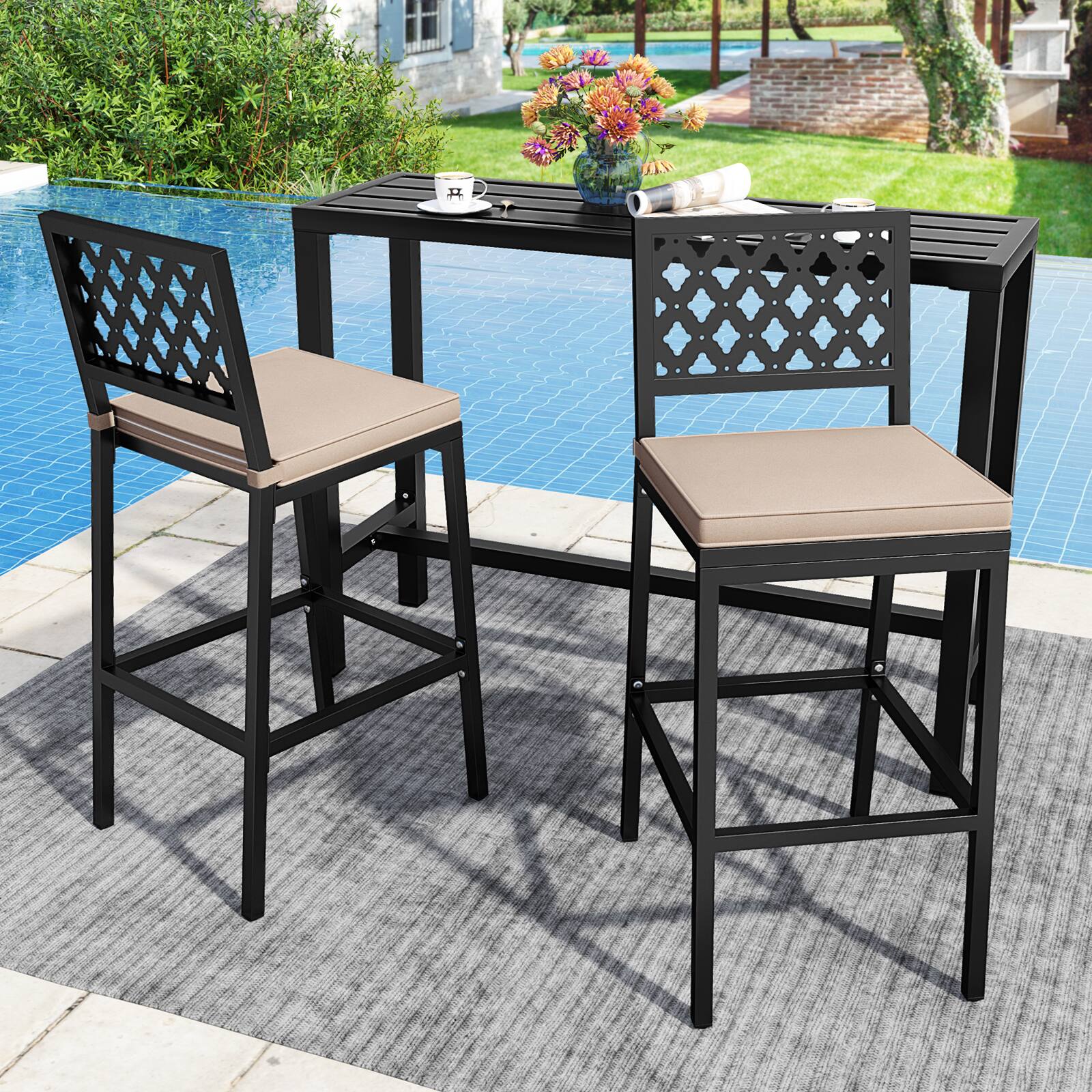 Alt View 7. Gymax - Gymax 4 PCS Outdoor Bar Stools 27’’ Counter Height Barstools w/ Removable Cushions - Black, Beige.