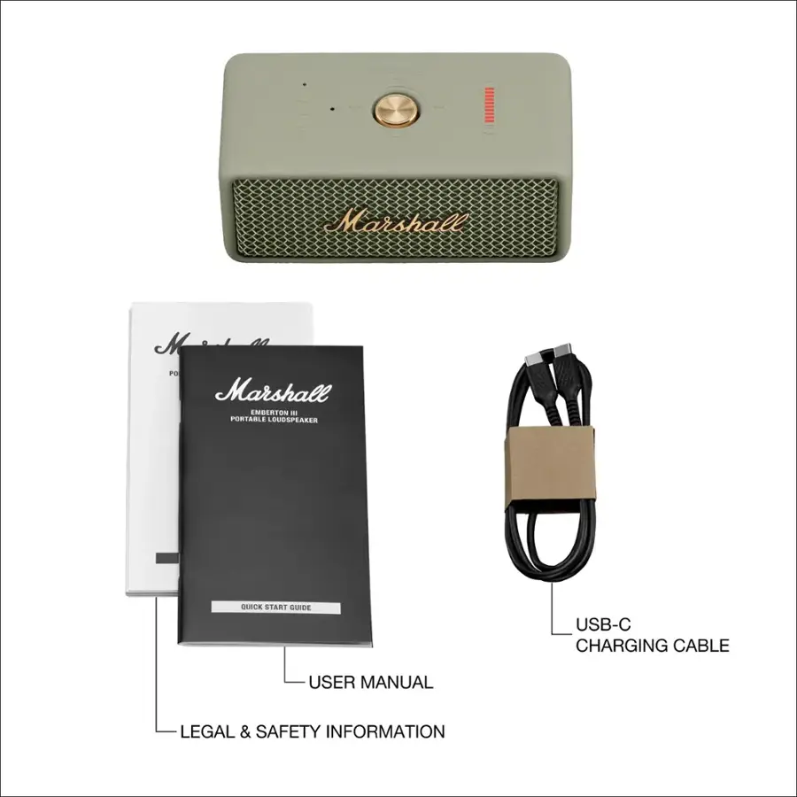 Marshall Mini Portable Speaker Quick Start Guide USB-C Charging Cable User Manual Legal & Safety Information