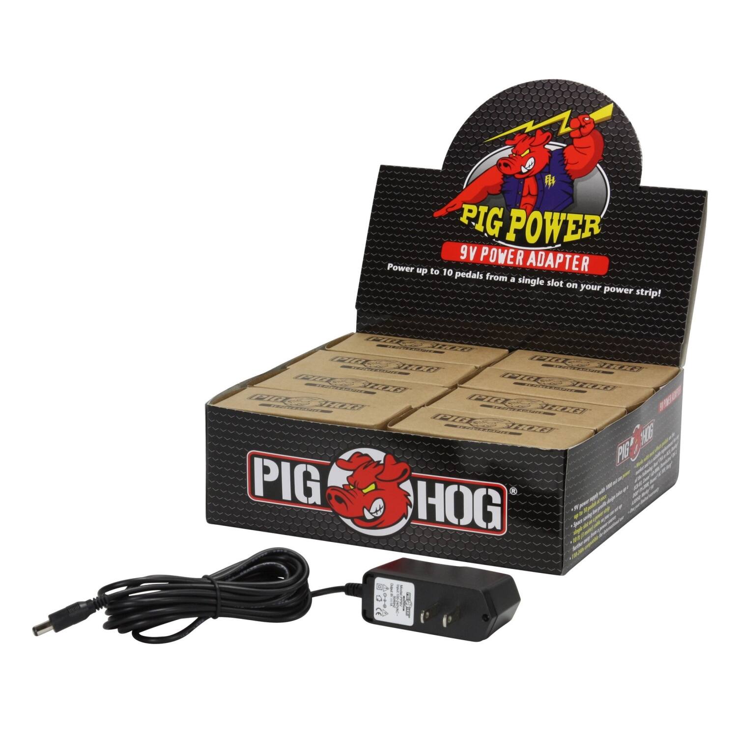 PIG POWER  
9V POWER ADAPTER  
Power up to 10 pedals from a single slot on your power strip!  

PIG HOG