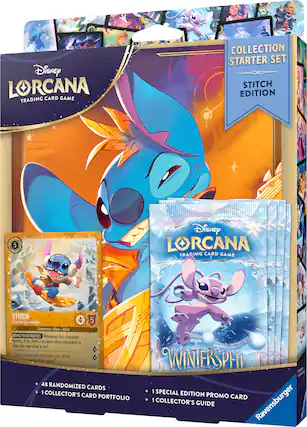Disney LORCANA CARD GAME TRADING COLLECTION STARTER SET STITCH EDITION
Disney LORCANA TRADING CARD GAME
STITCH
Carefree Snowboarder
4 5
Storyborn Hero Alien
"BRING YOUR FRIENDS" Whenever this character quests, if you have 2 or more other characters in play, you may draw a card. "First one down the mountain gets all the cocoa!"
48 RANDOMIZED CARDS
1 SPECIAL EDITION PROMO CARD
1 COLLECTOR'S CARD PORTFOLIO
1 COLLECTOR'S GUIDE
Ravensburger