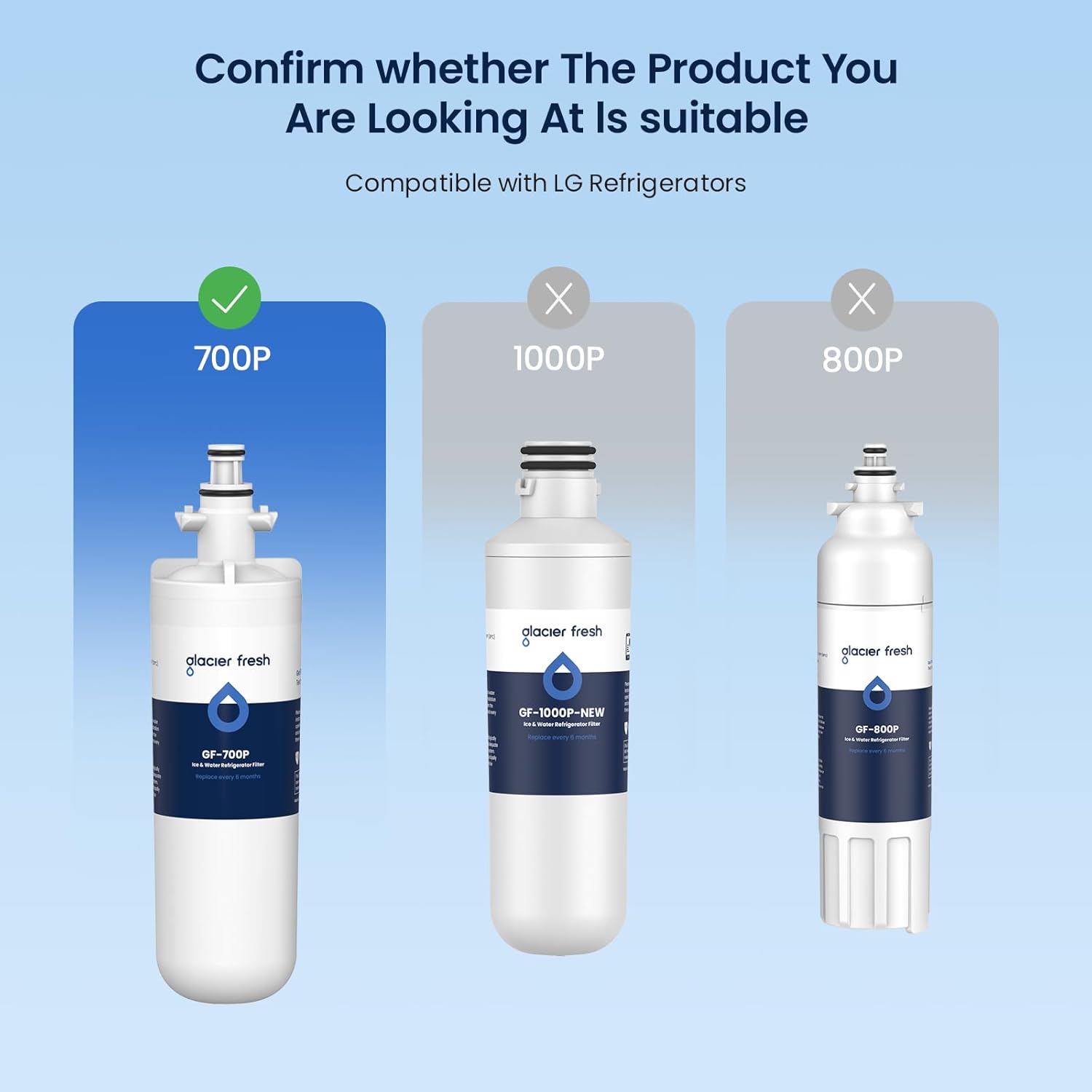 Confirm whether The Product You Are Looking At Is suitable

Compatible with LG Refrigerators

700P ✓

1000P ✗

800P ✗

glacier fresh

GF-700P

glacier fresh

GF-1000P-NEW

glacier fresh

GF-800P