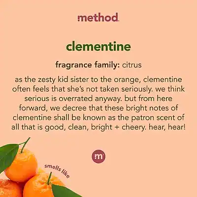 method  
clementine  
fragrance family: citrus  

as the zesty kid sister to the orange, clementine often feels that she's not taken seriously. we think serious is overrated anyway. but from here forward, we decree that these bright notes of clementine shall be known as the patron scent of all that is good, clean, bright + cheery. hear, hear!  

smells like