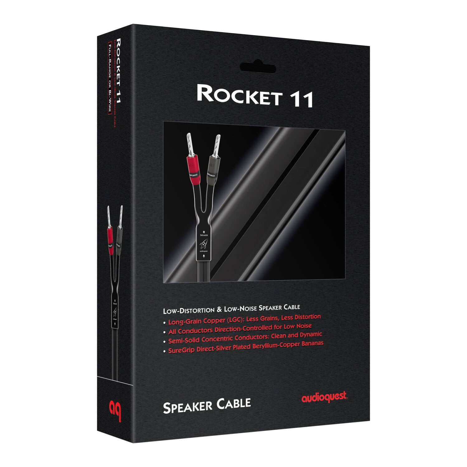 The text on the image is already correctly grouped and spelled. It reads: "ROCKET 11 - LOW-NOISE SPEAKER CABLE LOW-DISTORTION Less Grains, Less Distortion Long-Grain Copper (LGC): Direction-Controlled for Low Noise All Conductors Conductors: Clean and Dynamic Semi-Solid Concentric Beryllium-Copper Bananas Direct-Silver Plated SureGrip po SPEAKER CABLE audioquest."