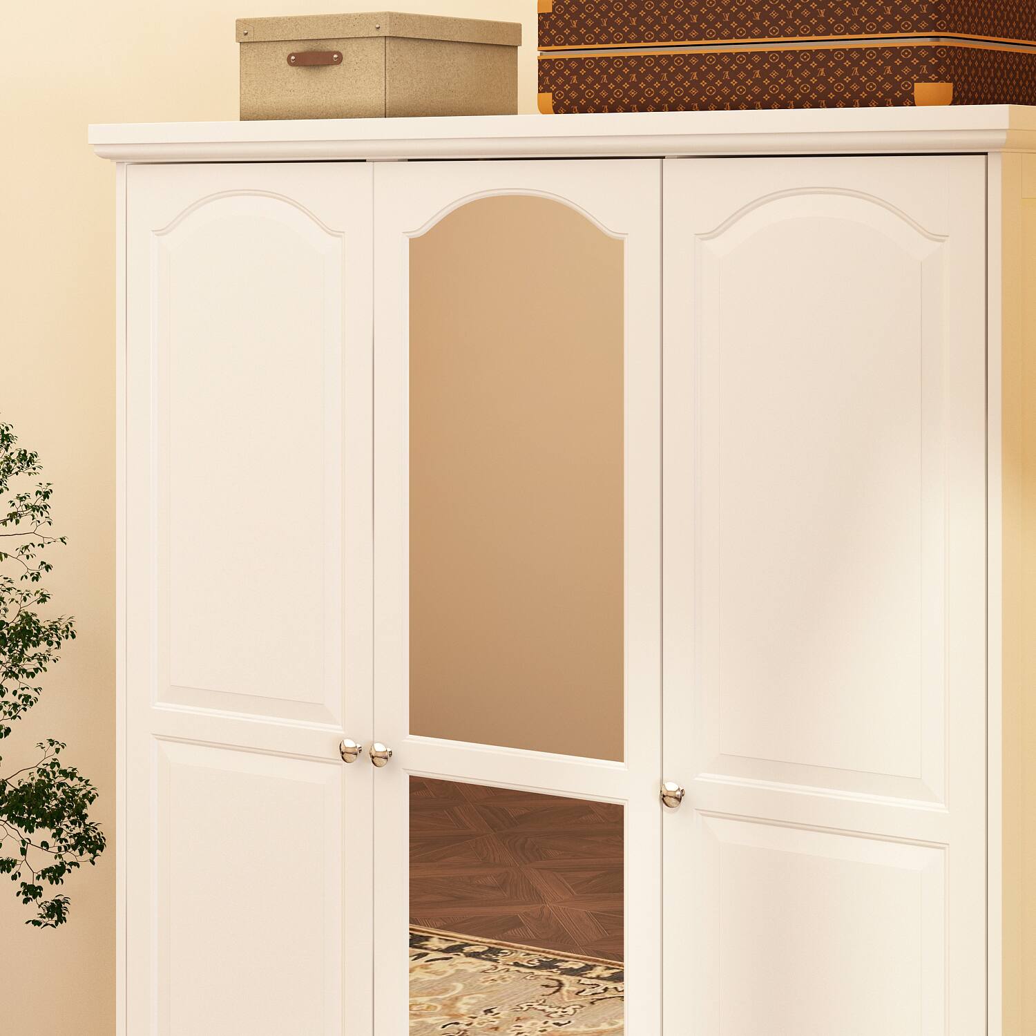 Alt View 5. FUFU & GAGA - French Style Wardrobe Closet Armoire with Mirror 3 Door Storage Cabinet with Hanging Rod Shelves and Drawers for Bedroom - White.