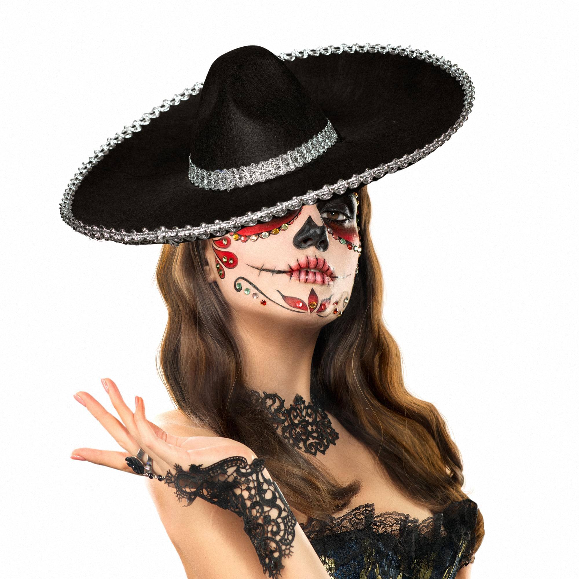 Alt View 2. Underwraps - Sombrero with Silver Metallic Trim Adult Costume Hat - Black.