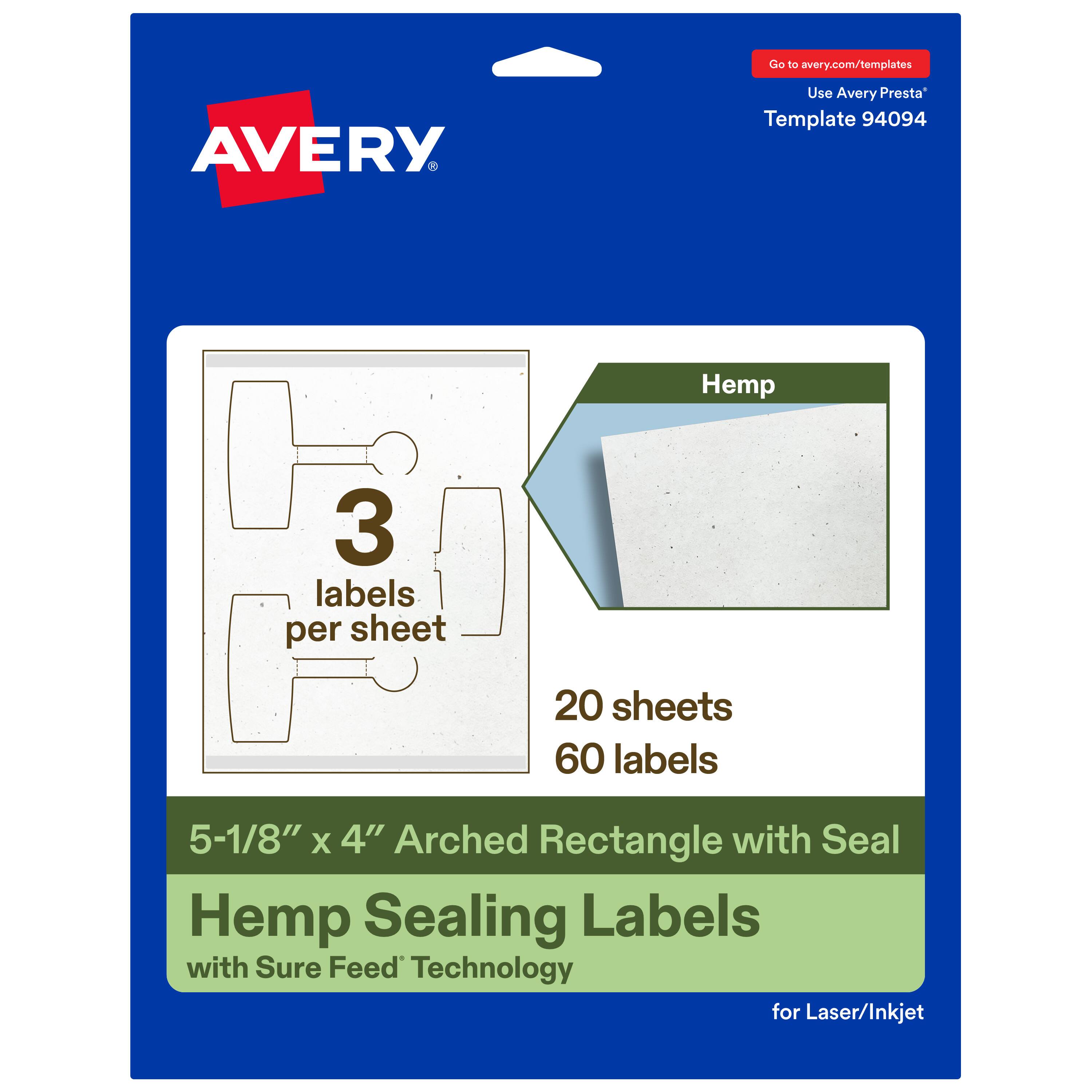 Go to avery.com/templates

AVERY

Use Avery Presta™ Template 94094

Hemp

3 labels per sheet

20 sheets 60 labels

5-1/8" X 4" Arched Rectangle with Seal

Hemp Sealing Labels with Sure Feed Technology for Laser/Inkjet