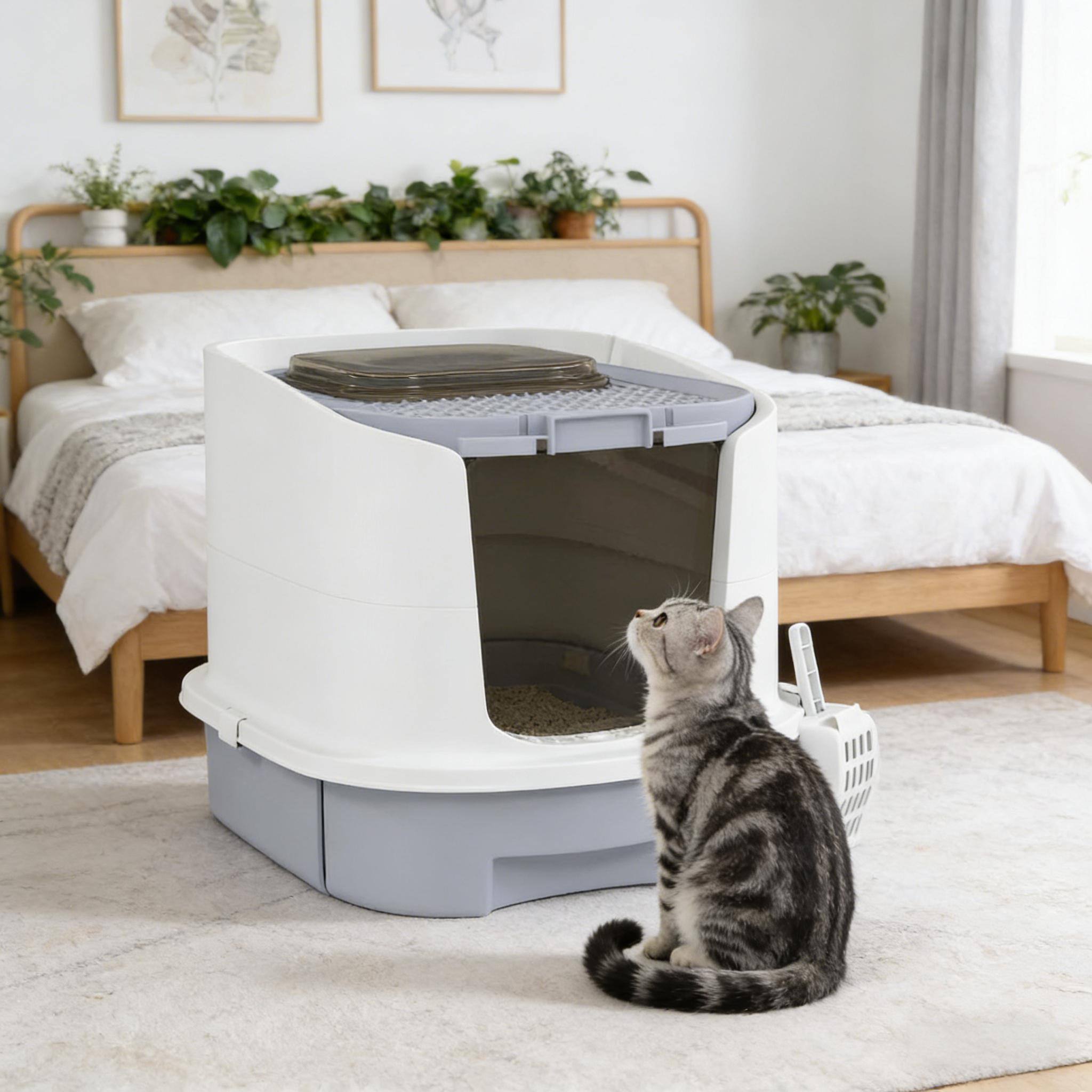 Left. Dexmalle - Dexmalle-Litter Box with Scoop,Deodorizing Bag and Lid,Easy to Clean-Gray&White - Black+ Gray,White.
