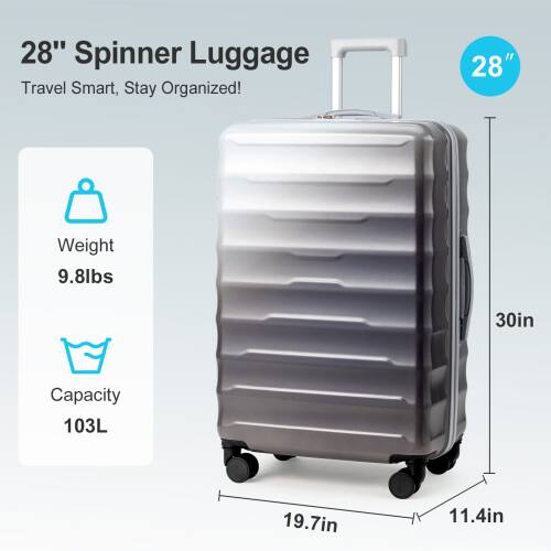 28" Spinner Luggage  
Travel Smart, Stay Organized!  

Weight: 9.8lbs  
Capacity: 103L  

Dimensions:  
- Height: 30in  
- Width: 19.7in  
- Depth: 11.4in