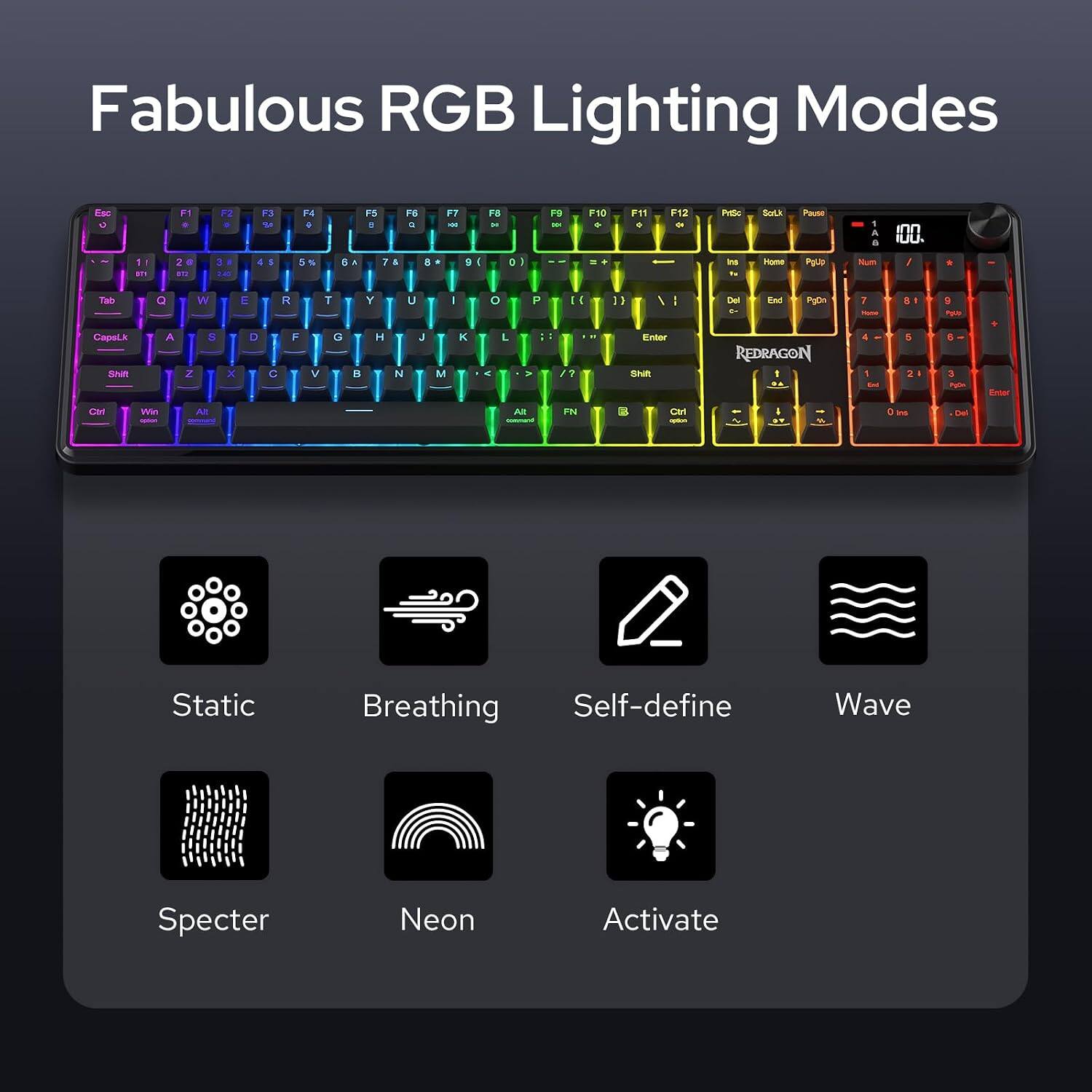 Fabulous RGB Lighting Modes

F1
F2
F3
F4
F5
F6
F7
F8
F9
F10
F11
F12
PrtSc
ScrLk
Pause
1
2
3
4
5
6
7
8
9
0

Home
PgUp
Num
/
t
Tab
Q
W
E
R
T
Y
U
I
O
P
[(
})
1
Del
End
PgDn
7
8
9
PgUp
CapsLk
Shift
A
Z
S
D
F
G
H
J
K
L
V
/?
Enter
Shift

REDRAGON

Ctrl
Win
Alt
FN
Ctrl
Del
Static
Breathing
Self-define
Wave
Specter
Neon
Activate